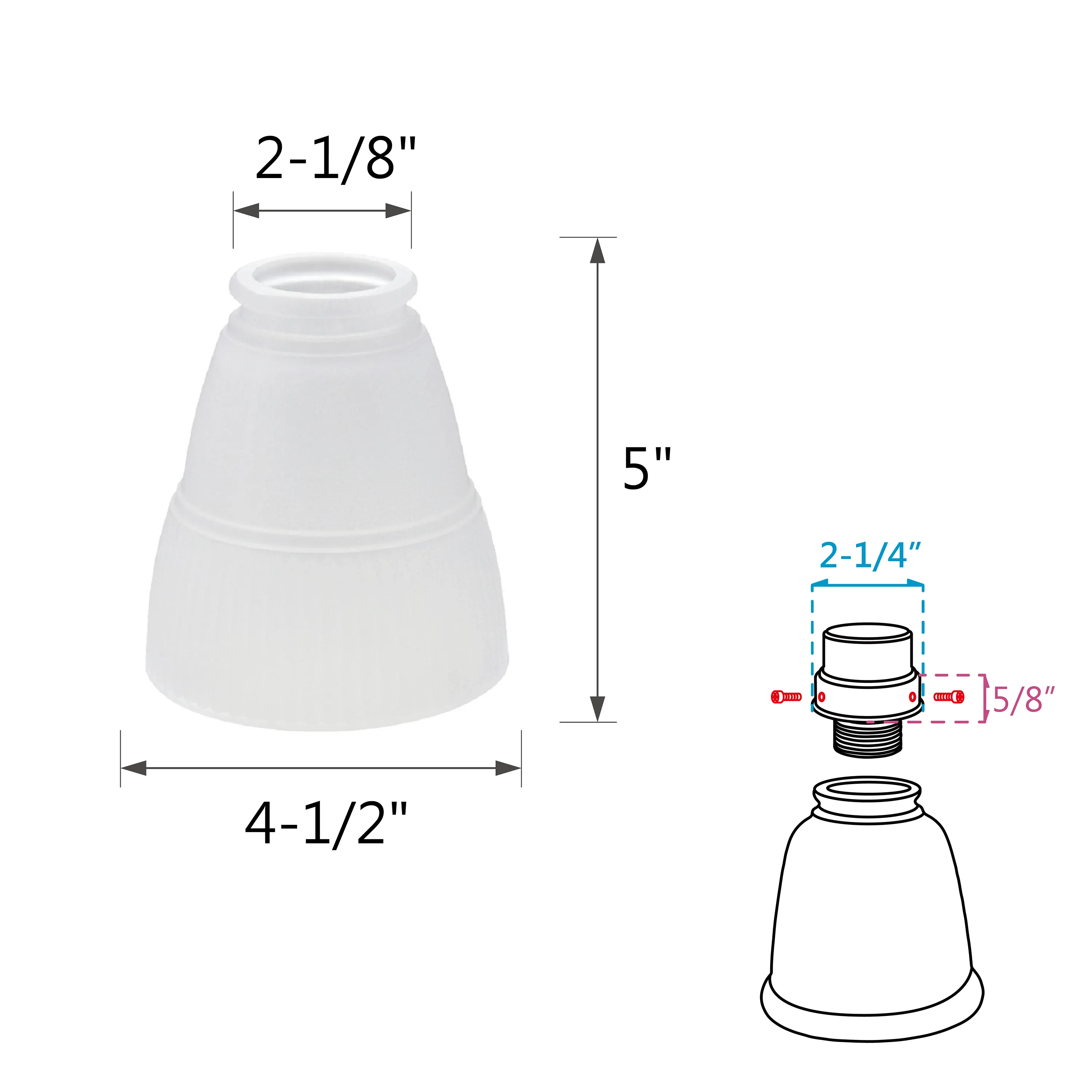 # 23043-4 Transitional Style Bell Shaped Frosted Replacement Glass Shade, 2-1/8" Fitter Size, 5" high x 4-1/2" diameter, 4 Pack