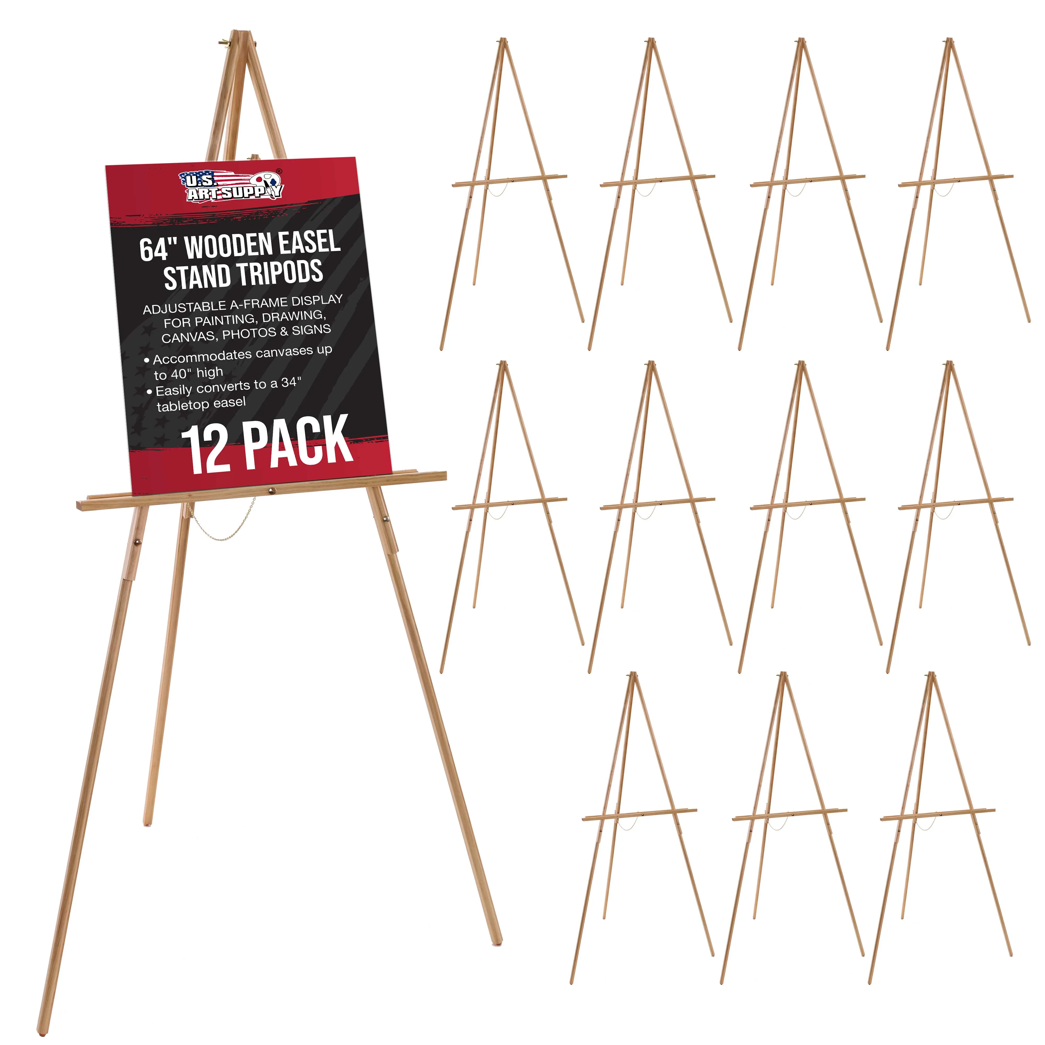 12-Pack 64" Wooden Easel Stand Tripods - Adjustable A-Frame Display, Painting, Drawing, Canvas, Photos & Signs - Lightweight Pinewood Studio Easel Adjustable Tray & 40" Canvas Capacity