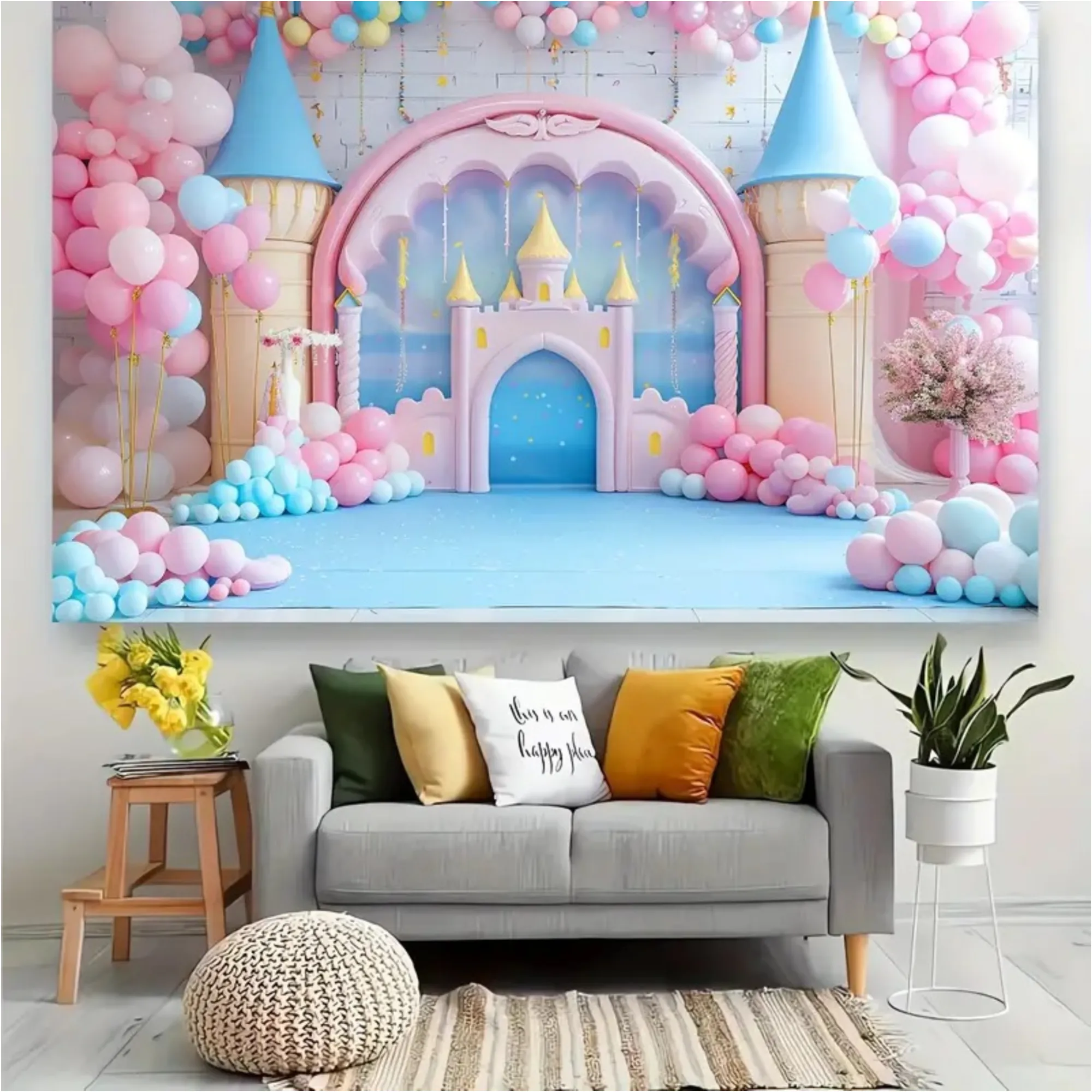 2.3M X 1.8M Fairy Tale Castle And Balloon Photography Backdrop Event Cloth