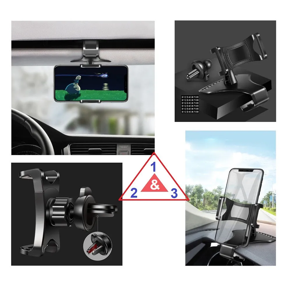 3 in 1 Car GPS Smartphone Holder: Dashboard / Visor Clamp   AC Grid Clip for BLU G Studio Plus HD - Black