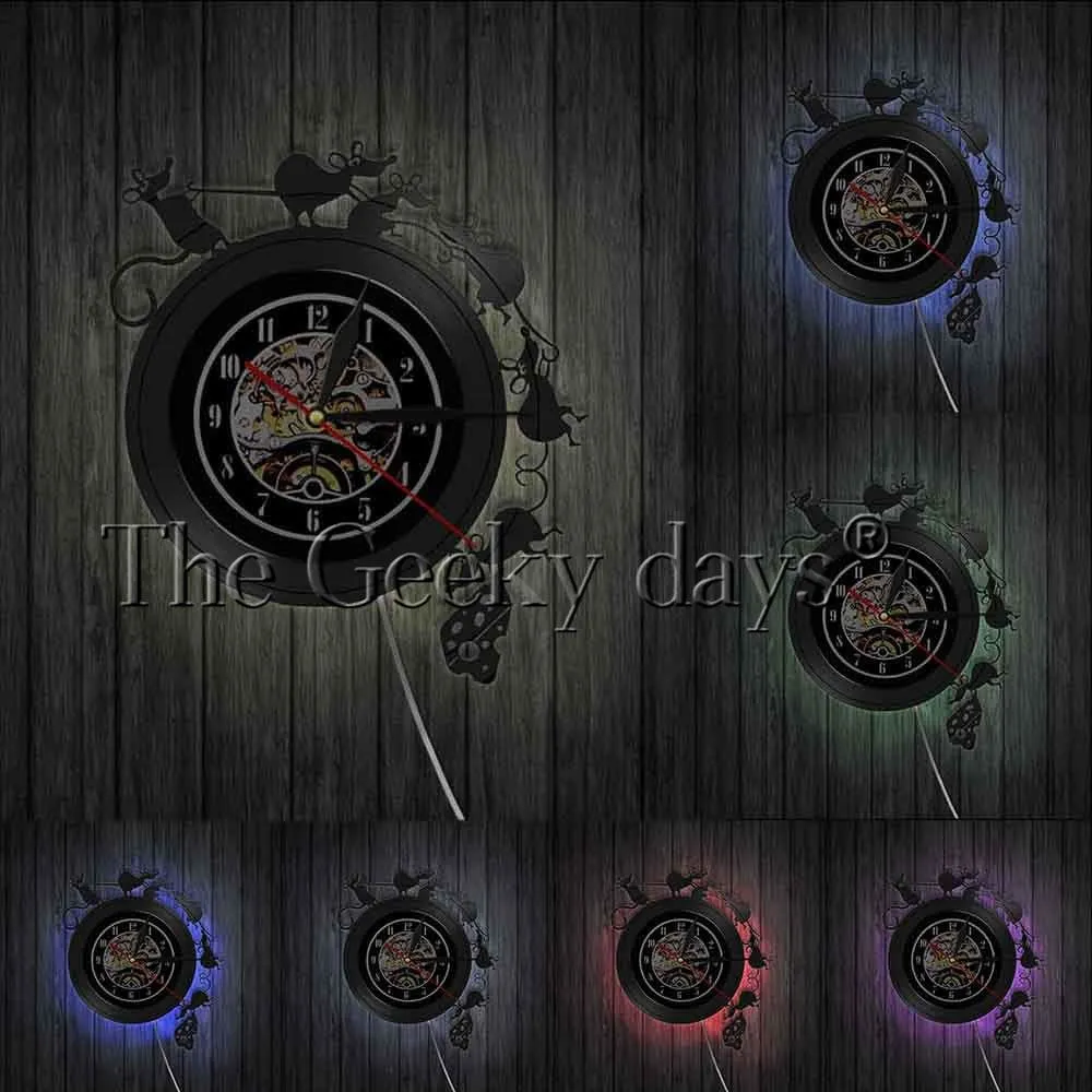 Adorable Mouse and Cheese Game Wall Art Wall Clock Vinyl Record Wall Clock Mouse Rat Gift Children Room Decorative Clock Watch