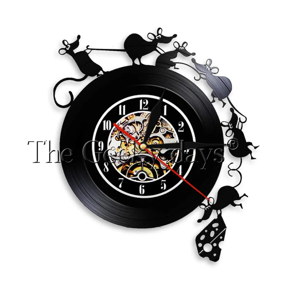 Adorable Mouse and Cheese Game Wall Art Wall Clock Vinyl Record Wall Clock Mouse Rat Gift Children Room Decorative Clock Watch