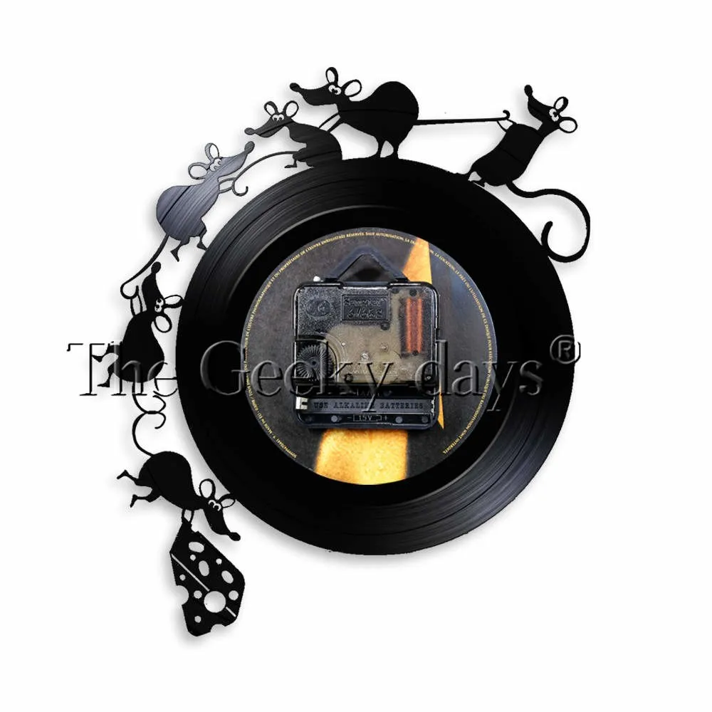 Adorable Mouse and Cheese Game Wall Art Wall Clock Vinyl Record Wall Clock Mouse Rat Gift Children Room Decorative Clock Watch