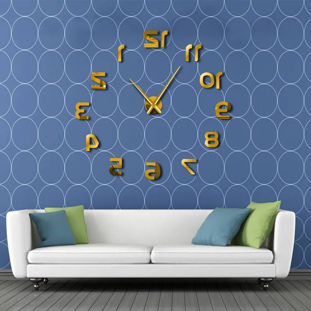 Backwards DIY Large Wall Clock Modern Design Reverse Numbers Frameless Wall Watch Luxury Mirror Effect Big Needle Reverse Clock