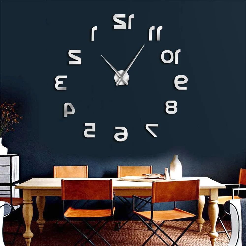 Backwards DIY Large Wall Clock Modern Design Reverse Numbers Frameless Wall Watch Luxury Mirror Effect Big Needle Reverse Clock