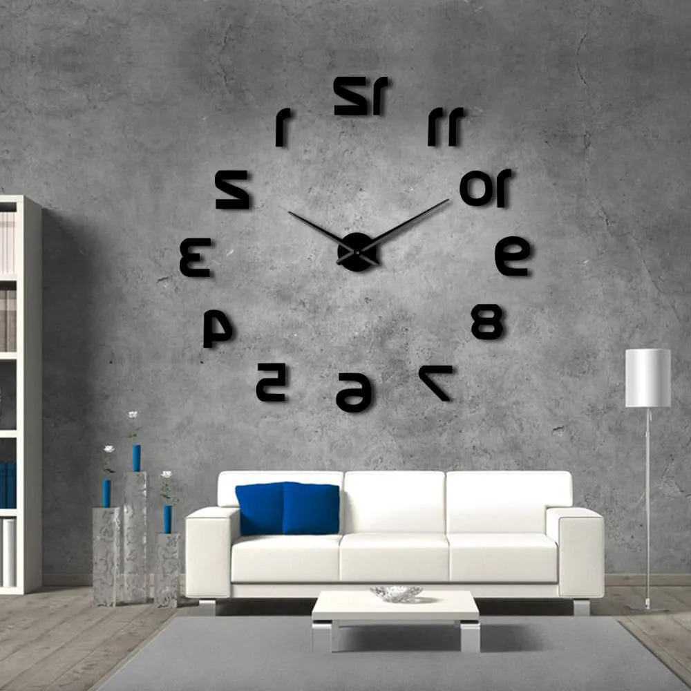 Backwards DIY Large Wall Clock Modern Design Reverse Numbers Frameless Wall Watch Luxury Mirror Effect Big Needle Reverse Clock