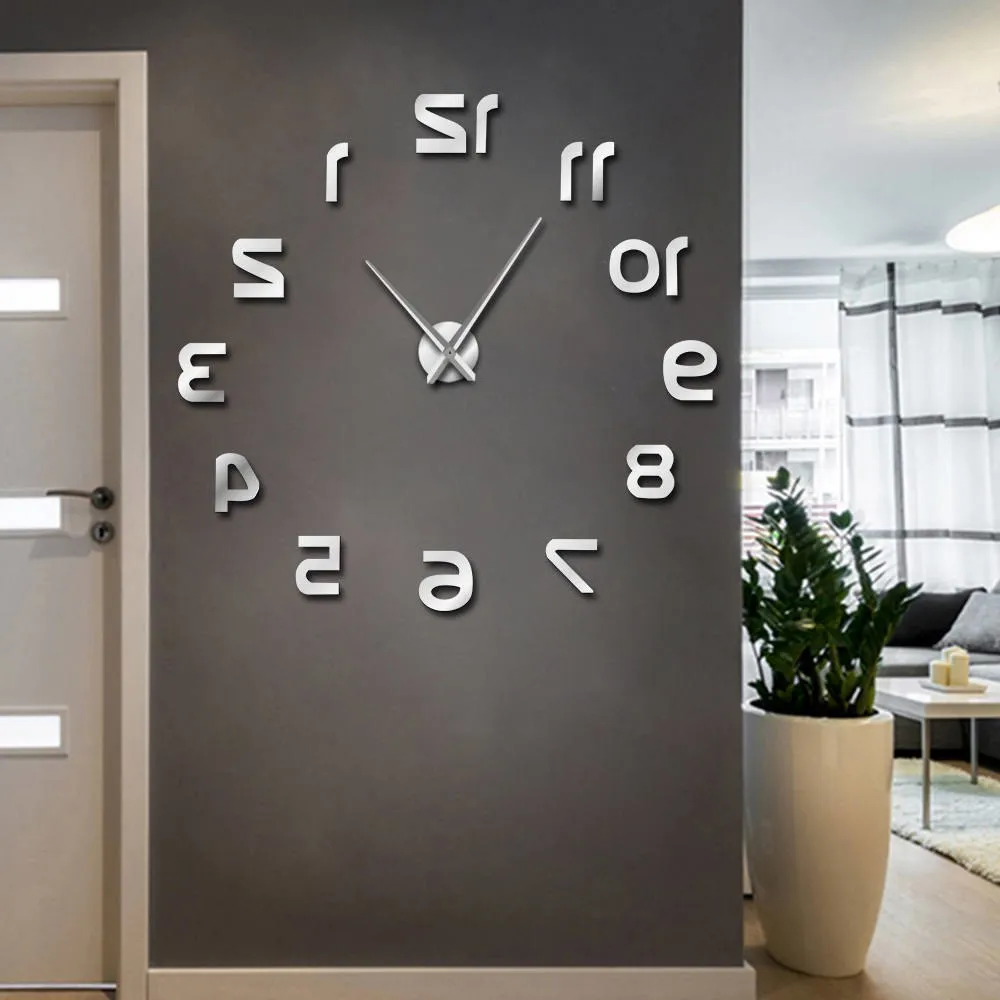 Backwards DIY Large Wall Clock Modern Design Reverse Numbers Frameless Wall Watch Luxury Mirror Effect Big Needle Reverse Clock