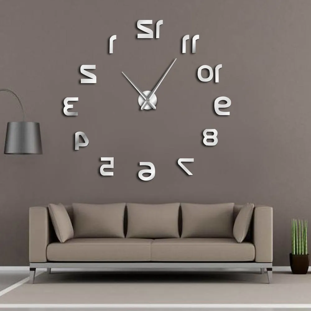 Backwards DIY Large Wall Clock Modern Design Reverse Numbers Frameless Wall Watch Luxury Mirror Effect Big Needle Reverse Clock