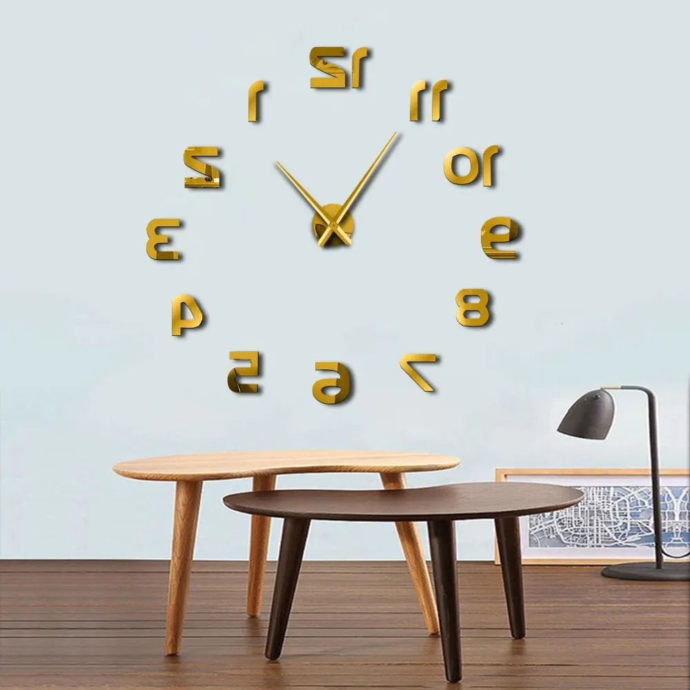 Backwards DIY Large Wall Clock Modern Design Reverse Numbers Frameless Wall Watch Luxury Mirror Effect Big Needle Reverse Clock