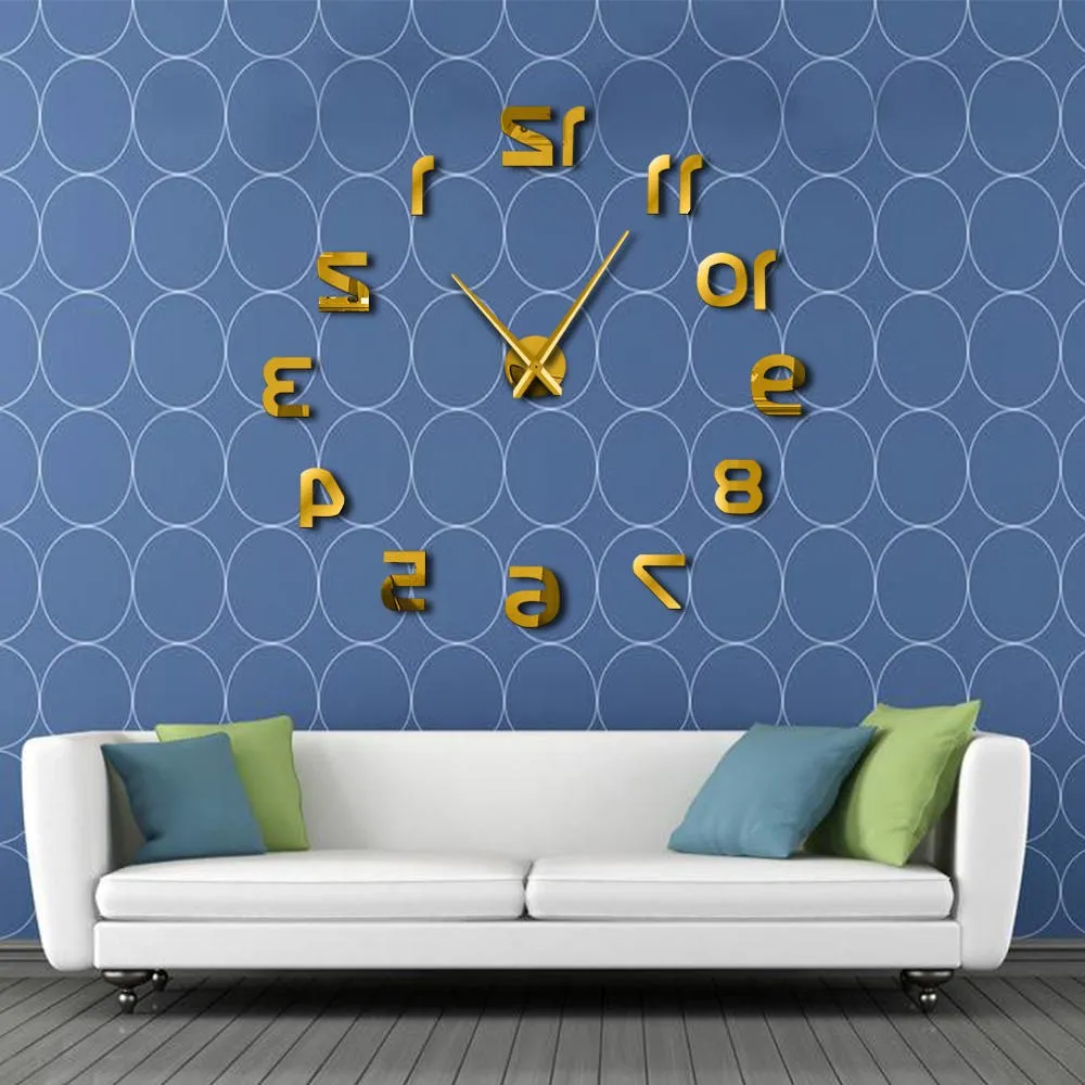 Backwards DIY Large Wall Clock Modern Design Reverse Numbers Frameless Wall Watch Luxury Mirror Effect Big Needle Reverse Clock