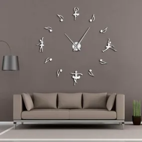 Ballerinas Wall Decor DIY Large Wall Clock Ballet Dancers Music Notes Giant Wall Clock Modern Design Ballet Music Lovers Gift