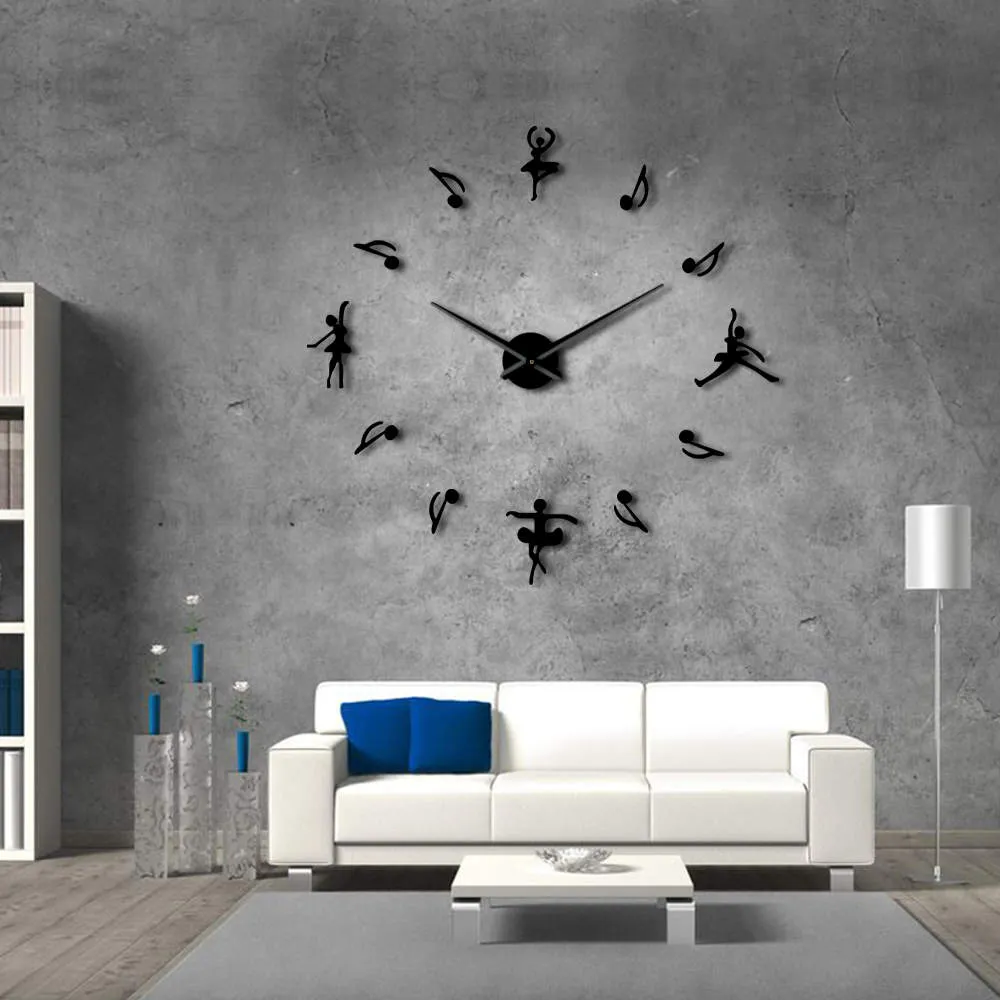 Ballerinas Wall Decor DIY Large Wall Clock Ballet Dancers Music Notes Giant Wall Clock Modern Design Ballet Music Lovers Gift