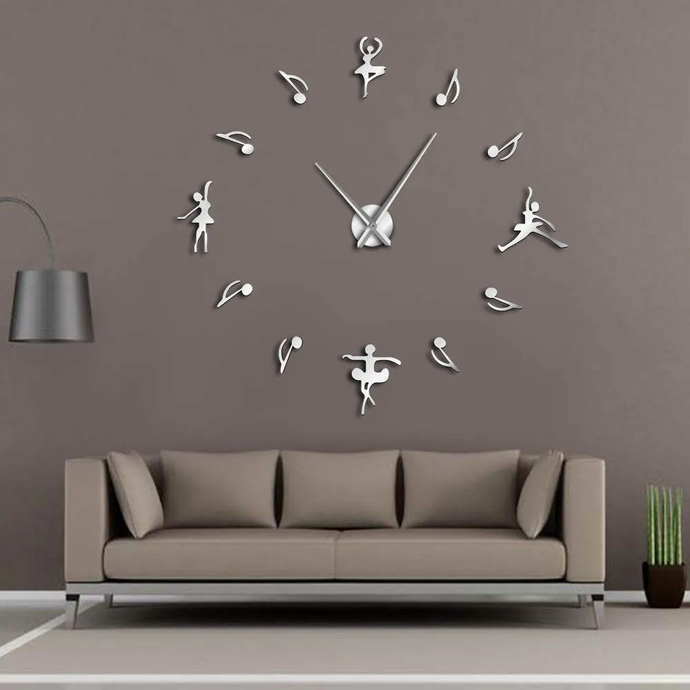 Ballerinas Wall Decor DIY Large Wall Clock Ballet Dancers Music Notes Giant Wall Clock Modern Design Ballet Music Lovers Gift