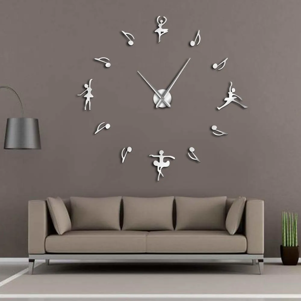Ballerinas Wall Decor DIY Large Wall Clock Ballet Dancers Music Notes Giant Wall Clock Modern Design Ballet Music Lovers Gift