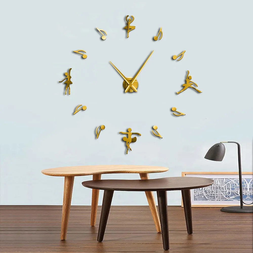 Ballerinas Wall Decor DIY Large Wall Clock Ballet Dancers Music Notes Giant Wall Clock Modern Design Ballet Music Lovers Gift