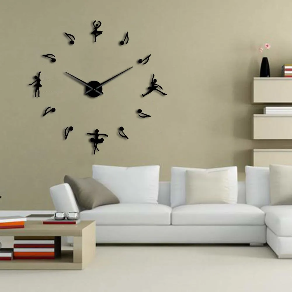 Ballerinas Wall Decor DIY Large Wall Clock Ballet Dancers Music Notes Giant Wall Clock Modern Design Ballet Music Lovers Gift