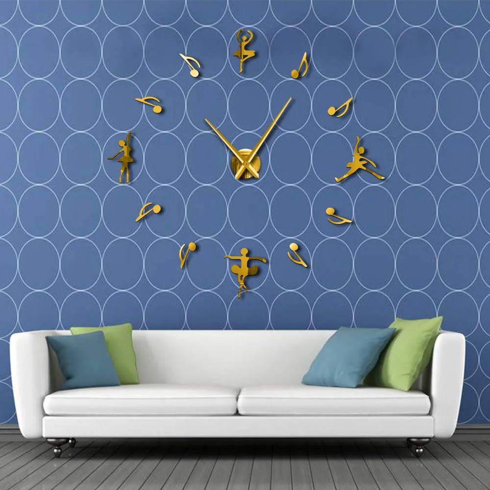 Ballerinas Wall Decor DIY Large Wall Clock Ballet Dancers Music Notes Giant Wall Clock Modern Design Ballet Music Lovers Gift