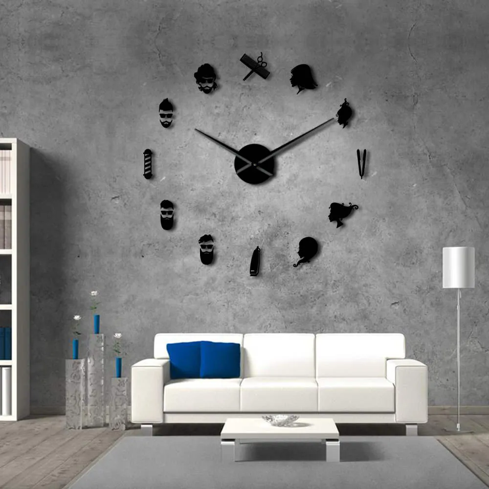Barber Pole Shears Beauty Salon DIY Wall Art Giant Wall Clock Big Needle Frameless Barbering Shop Hairdressing Large Wall Watch