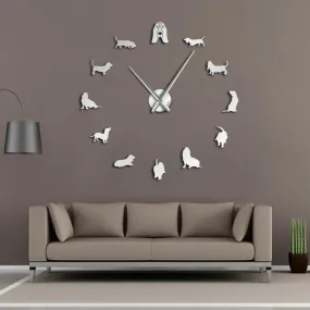 Basset Hound Acrylic Mirror Silouette DIY Giant Wall Clock Pet Shop Dog Breed Big Clock Frameless Wall Watch Dog Lovers Gift