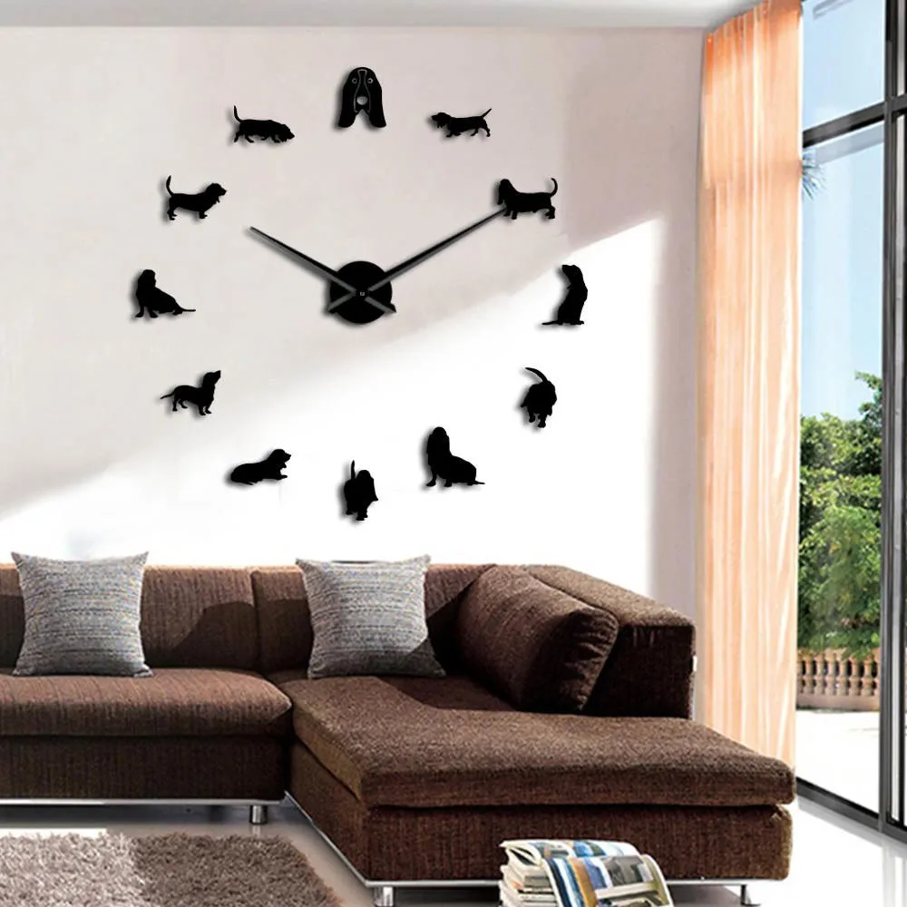 Basset Hound Acrylic Mirror Silouette DIY Giant Wall Clock Pet Shop Dog Breed Big Clock Frameless Wall Watch Dog Lovers Gift
