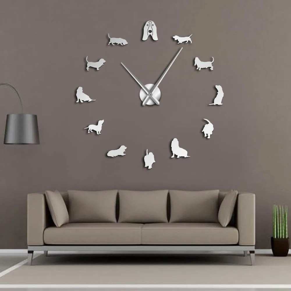 Basset Hound Acrylic Mirror Silouette DIY Giant Wall Clock Pet Shop Dog Breed Big Clock Frameless Wall Watch Dog Lovers Gift