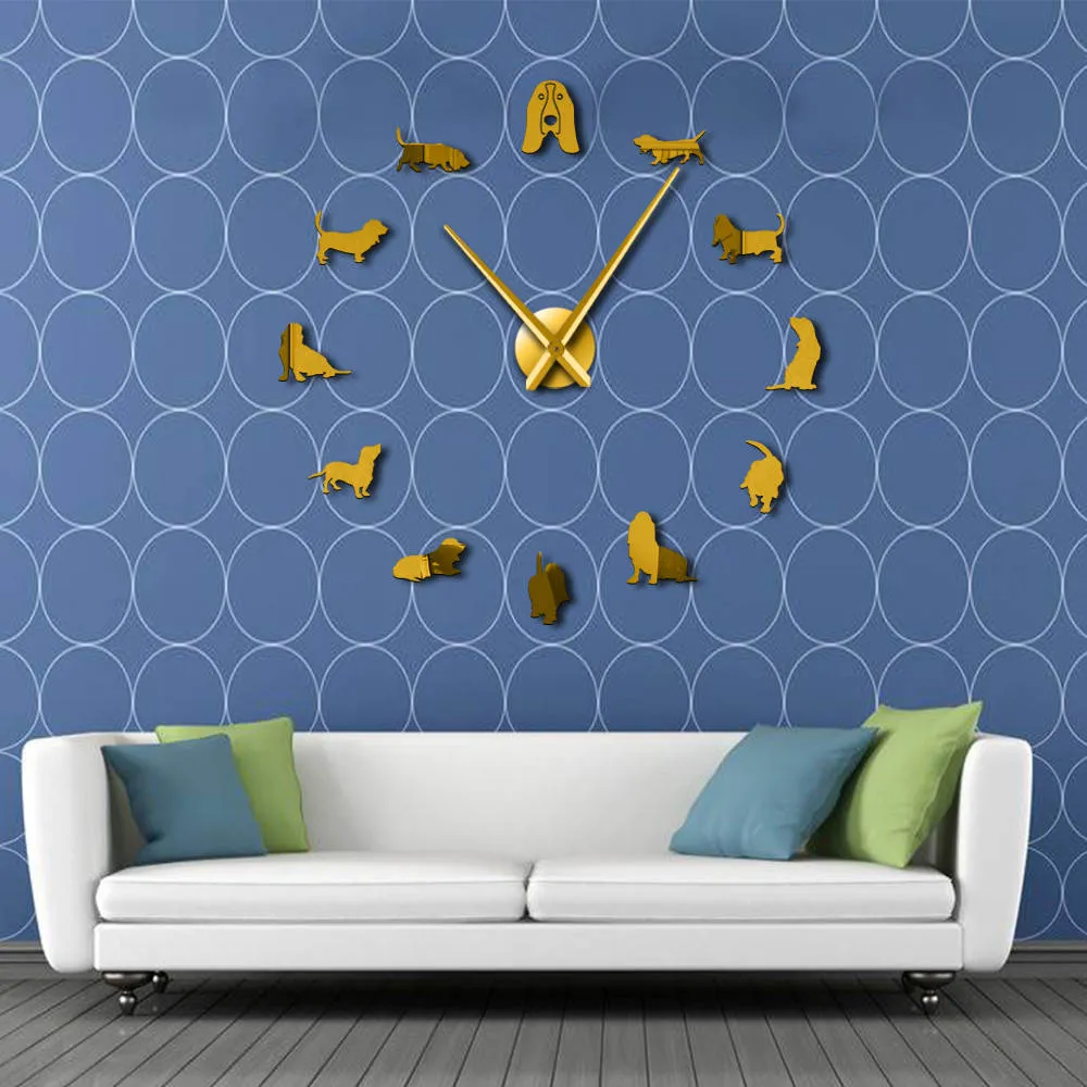Basset Hound Acrylic Mirror Silouette DIY Giant Wall Clock Pet Shop Dog Breed Big Clock Frameless Wall Watch Dog Lovers Gift
