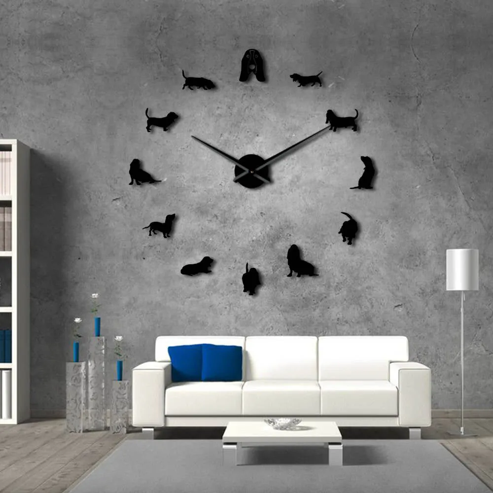 Basset Hound Acrylic Mirror Silouette DIY Giant Wall Clock Pet Shop Dog Breed Big Clock Frameless Wall Watch Dog Lovers Gift