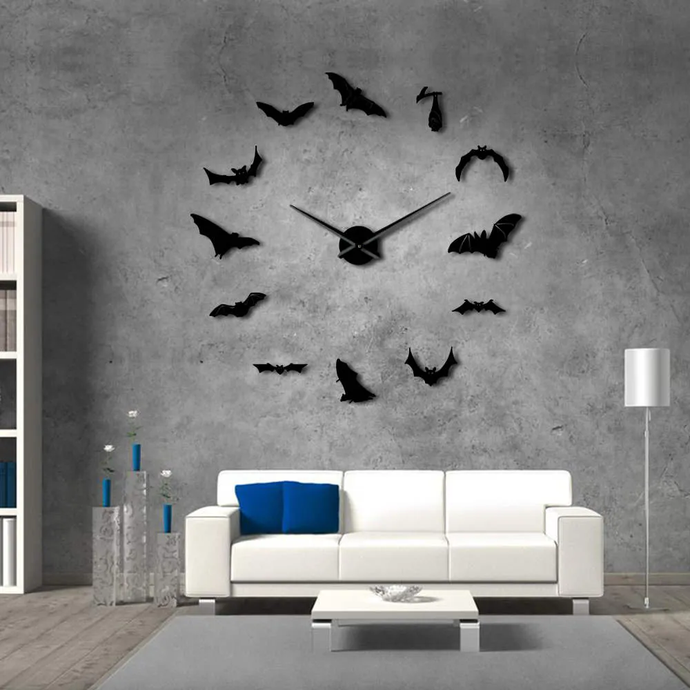Bats Large Wall Clock Modern Design Halloween Home Decor DIY Frameless Giant Wall Clock Vampire Bats Wall Art Mirror Clock