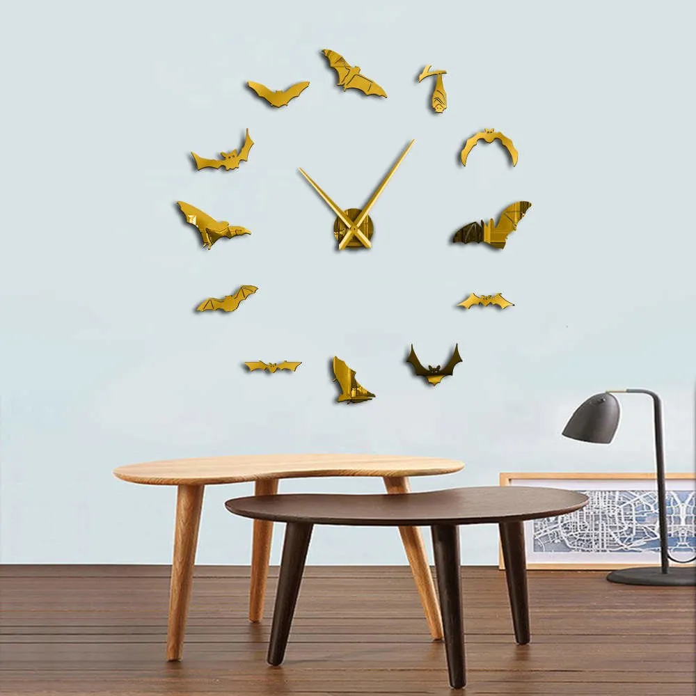 Bats Large Wall Clock Modern Design Halloween Home Decor DIY Frameless Giant Wall Clock Vampire Bats Wall Art Mirror Clock