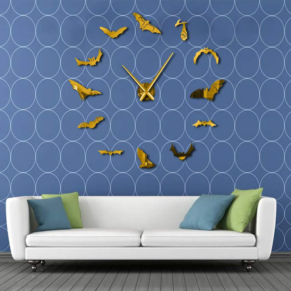 Bats Large Wall Clock Modern Design Halloween Home Decor DIY Frameless Giant Wall Clock Vampire Bats Wall Art Mirror Clock