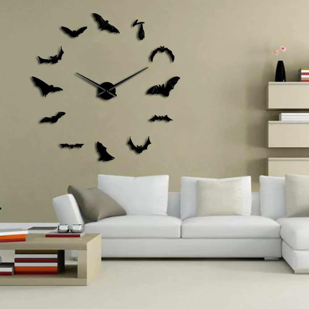 Bats Large Wall Clock Modern Design Halloween Home Decor DIY Frameless Giant Wall Clock Vampire Bats Wall Art Mirror Clock