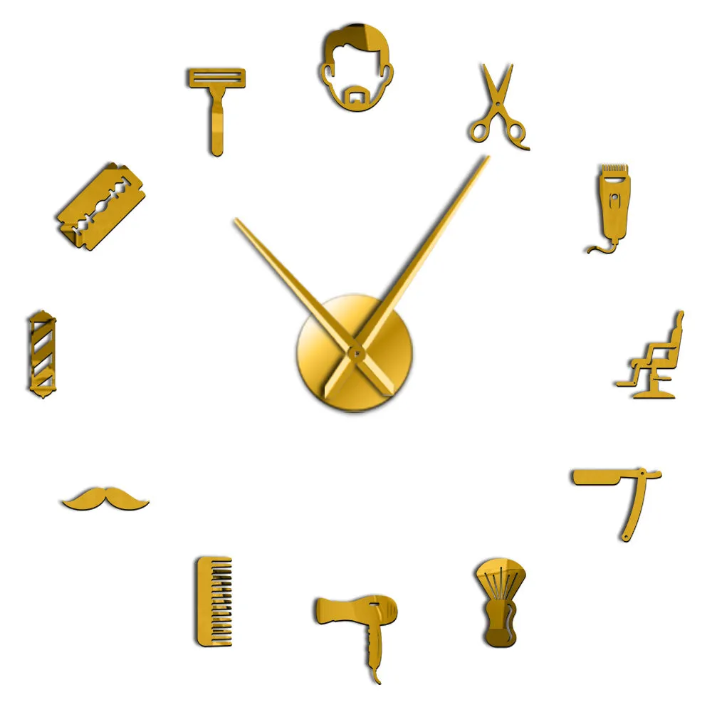 Beard Style Barber Shop Large Size Wall Clock Male Hairstyle Mustache Bearded Man Barber Tools Decorative DIY Giant Wall Watch