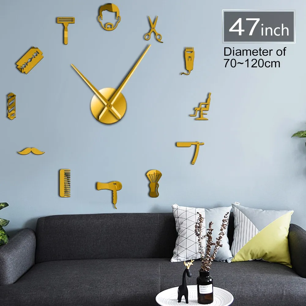 Beard Style Barber Shop Large Size Wall Clock Male Hairstyle Mustache Bearded Man Barber Tools Decorative DIY Giant Wall Watch