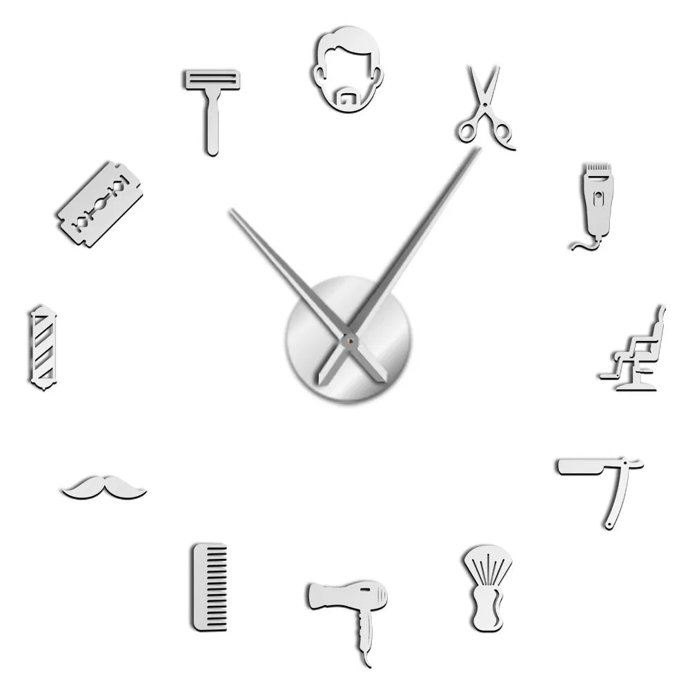 Beard Style Barber Shop Large Size Wall Clock Male Hairstyle Mustache Bearded Man Barber Tools Decorative DIY Giant Wall Watch