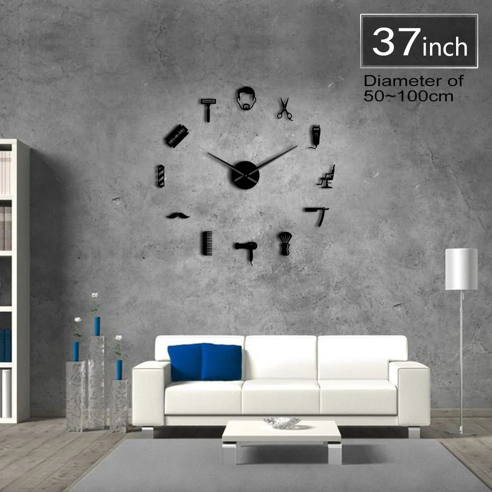 Beard Style Barber Shop Large Size Wall Clock Male Hairstyle Mustache Bearded Man Barber Tools Decorative DIY Giant Wall Watch