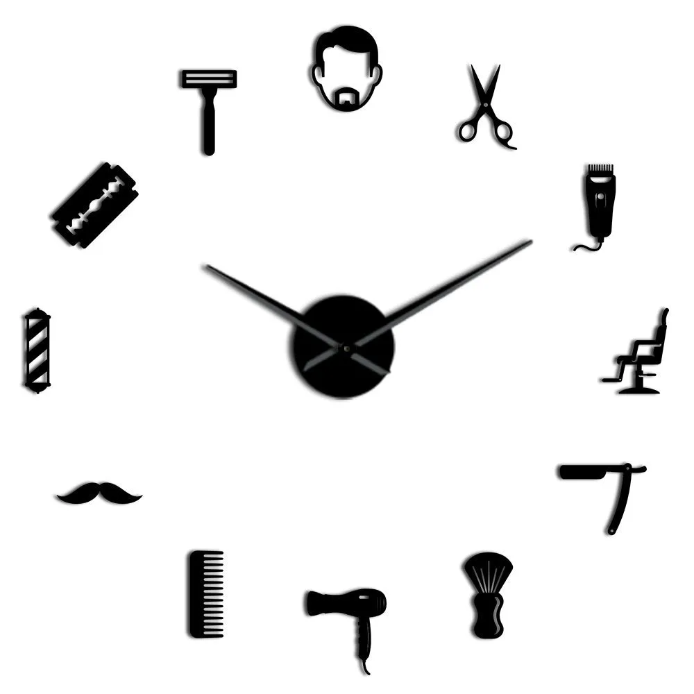 Beard Style Barber Shop Large Size Wall Clock Male Hairstyle Mustache Bearded Man Barber Tools Decorative DIY Giant Wall Watch