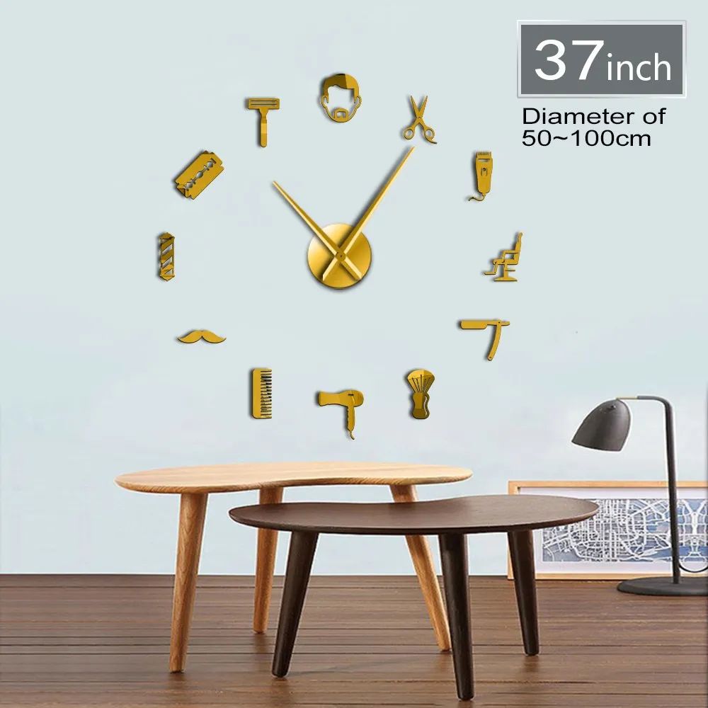 Beard Style Barber Shop Large Size Wall Clock Male Hairstyle Mustache Bearded Man Barber Tools Decorative DIY Giant Wall Watch
