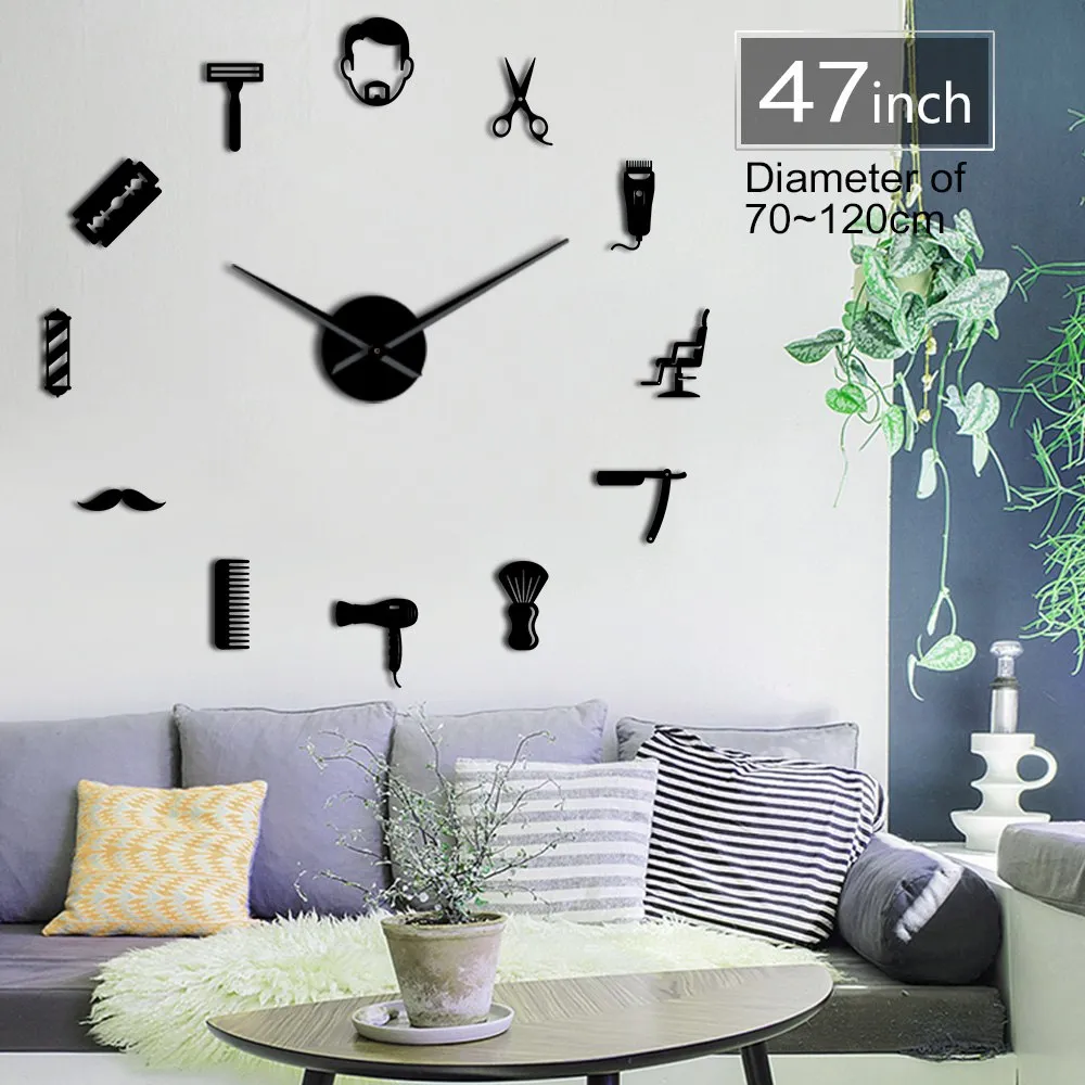Beard Style Barber Shop Large Size Wall Clock Male Hairstyle Mustache Bearded Man Barber Tools Decorative DIY Giant Wall Watch