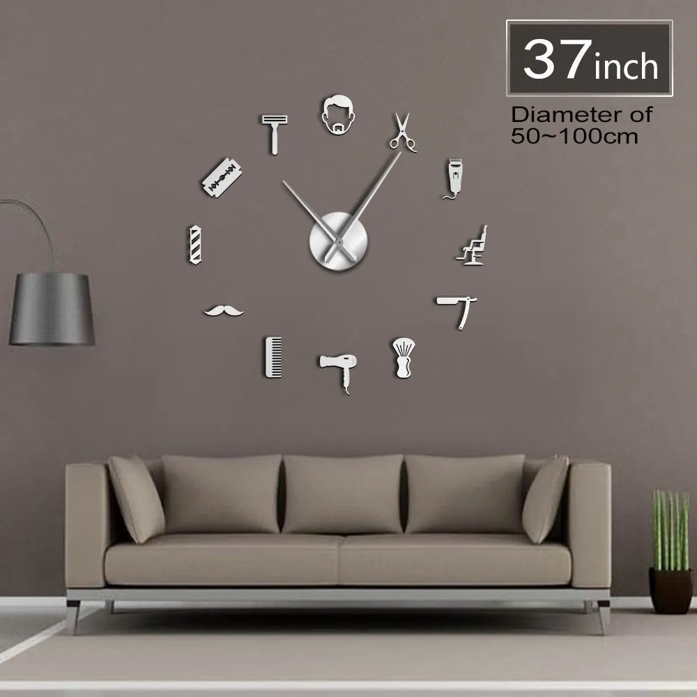 Beard Style Barber Shop Large Size Wall Clock Male Hairstyle Mustache Bearded Man Barber Tools Decorative DIY Giant Wall Watch