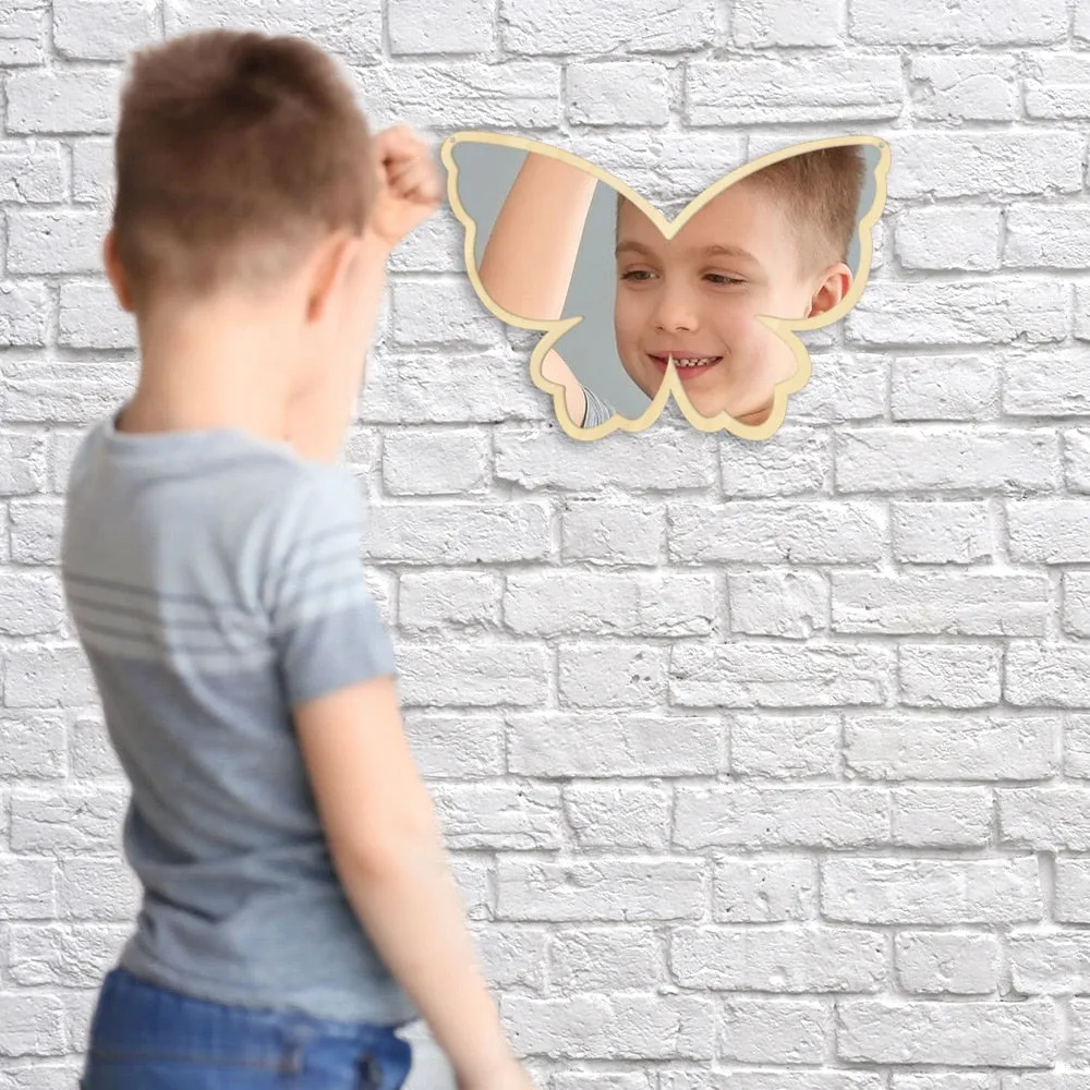 Big Wings Butterfly Wall Mirror Cartoon Creative Nordic Style Wooden Acrylic Safety Mirror for Baby Room Butterfly Decoration