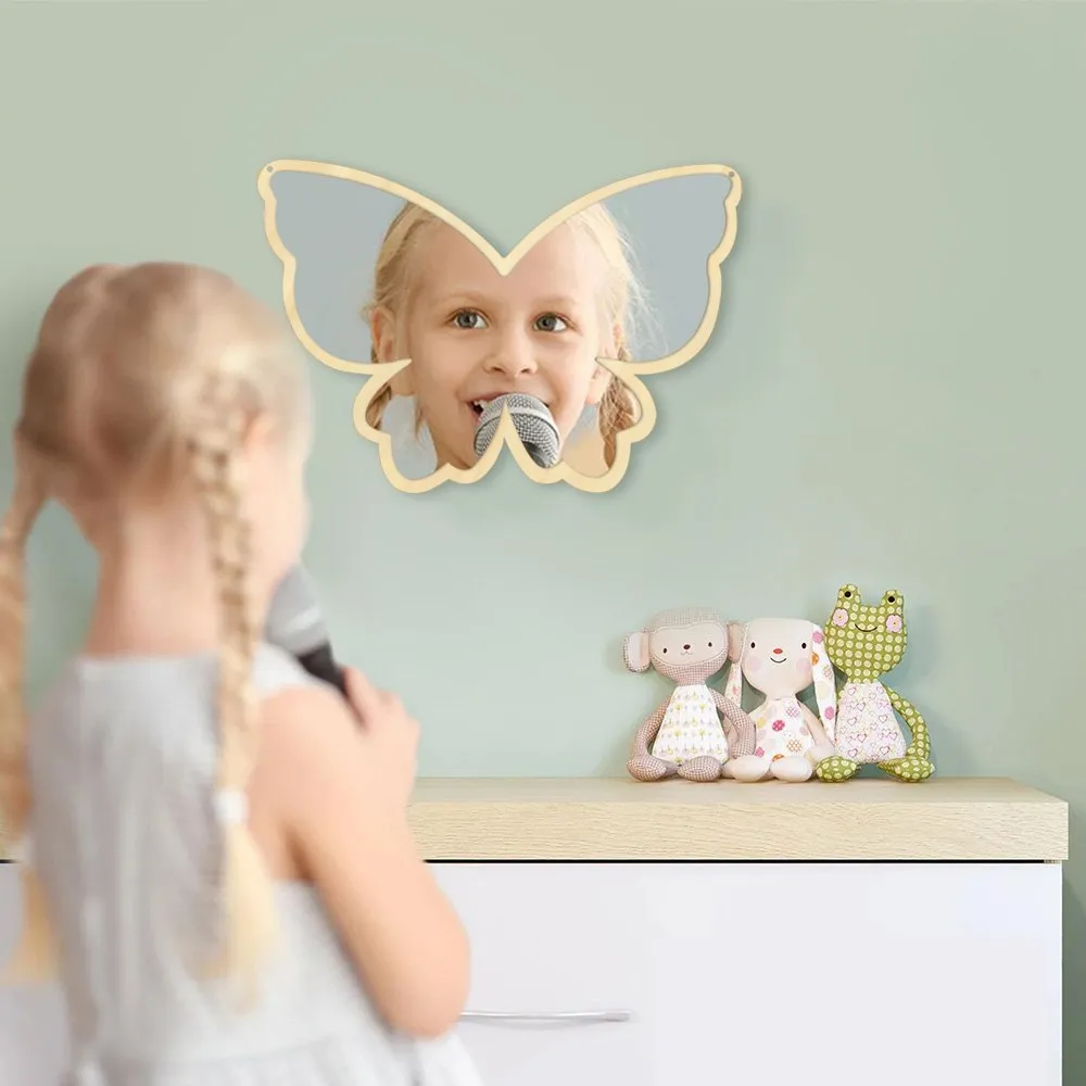 Big Wings Butterfly Wall Mirror Cartoon Creative Nordic Style Wooden Acrylic Safety Mirror for Baby Room Butterfly Decoration