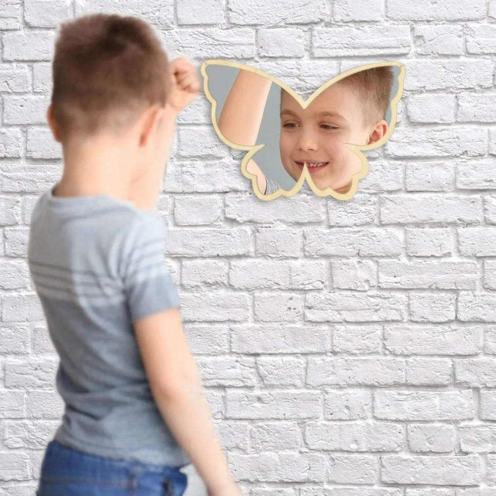 Big Wings Butterfly Wall Mirror Cartoon Creative Nordic Style Wooden Acrylic Safety Mirror for Baby Room Butterfly Decoration