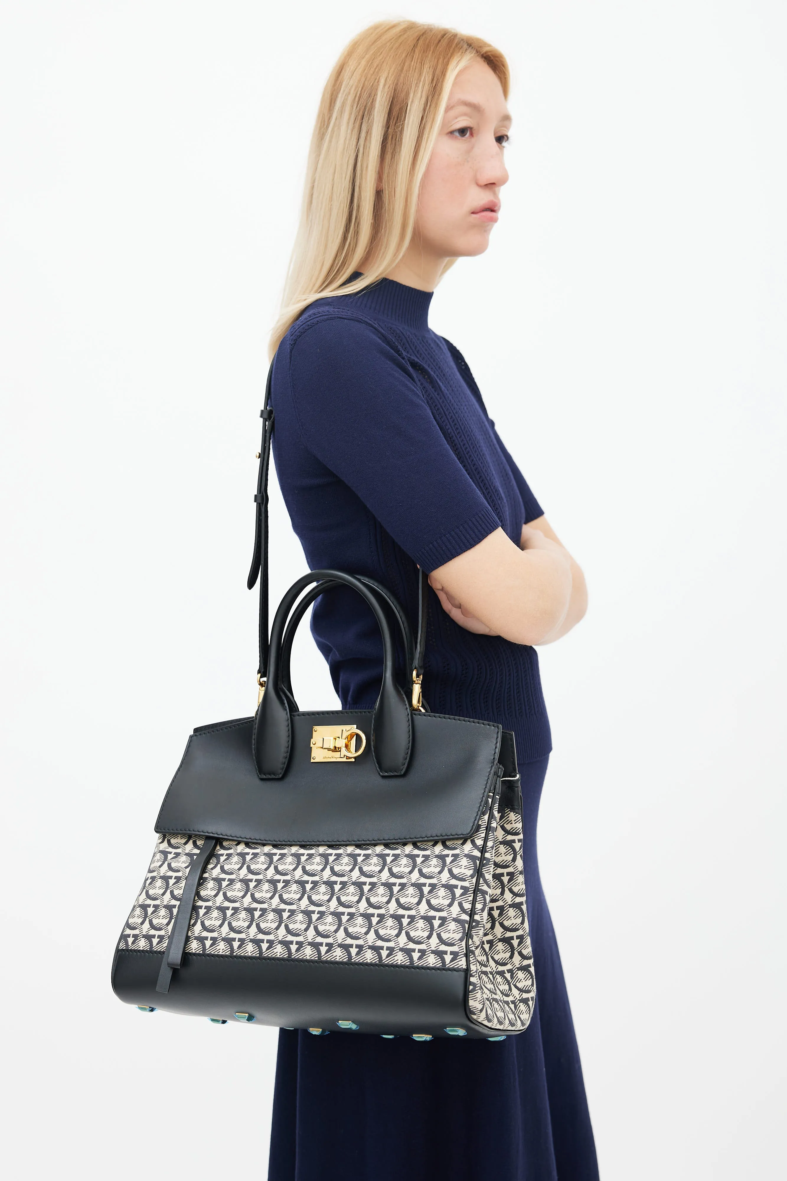 Black & Cream Gancini Jacquard Studio Bag