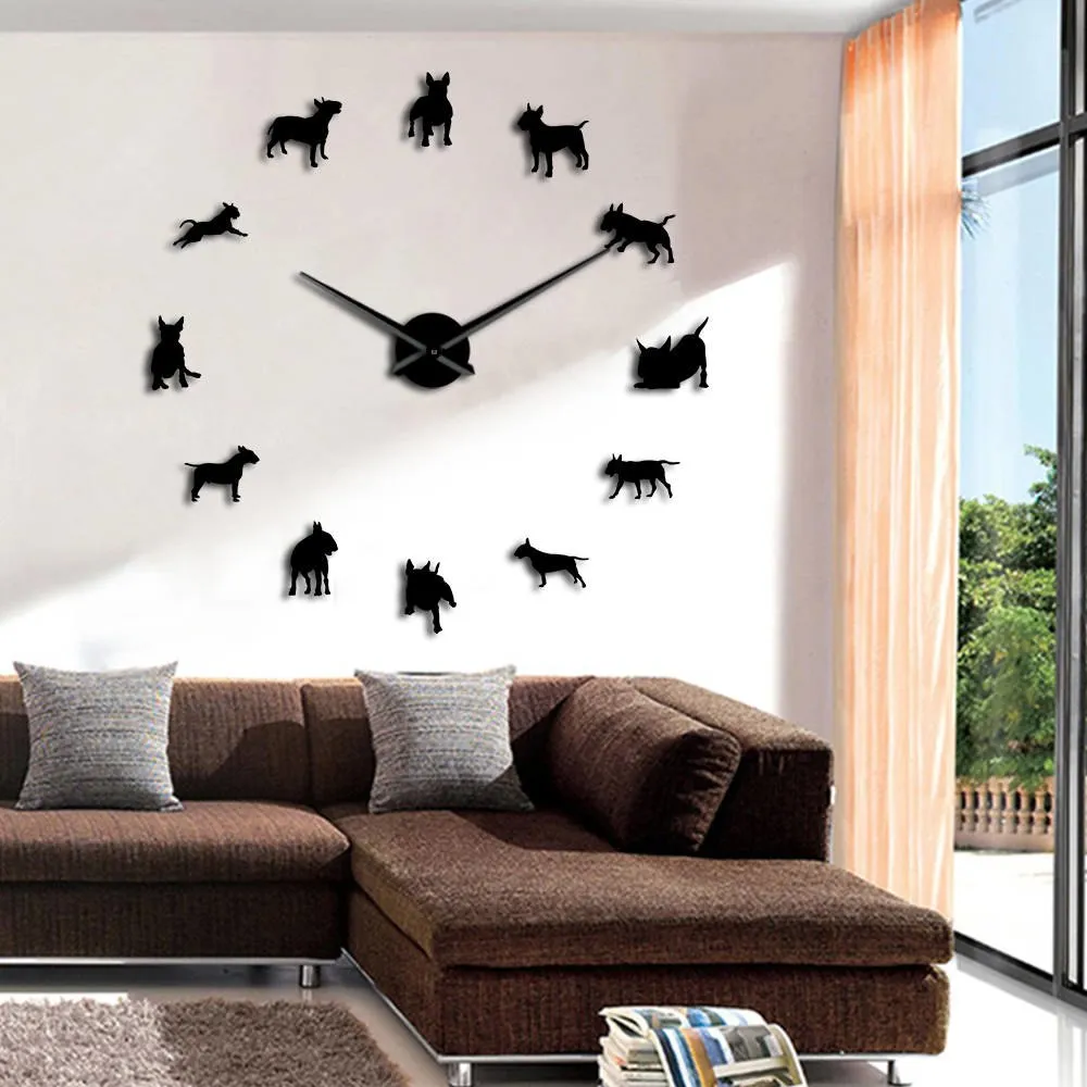 Bull Terrier Dog Wall Art DIY Large Wall Clock Dog Breed Pug Big Needle Clock Watch Pet Shop Decor Gift for Bull Terrier Lovers