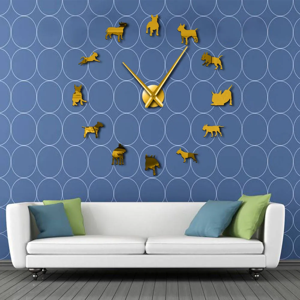 Bull Terrier Dog Wall Art DIY Large Wall Clock Dog Breed Pug Big Needle Clock Watch Pet Shop Decor Gift for Bull Terrier Lovers