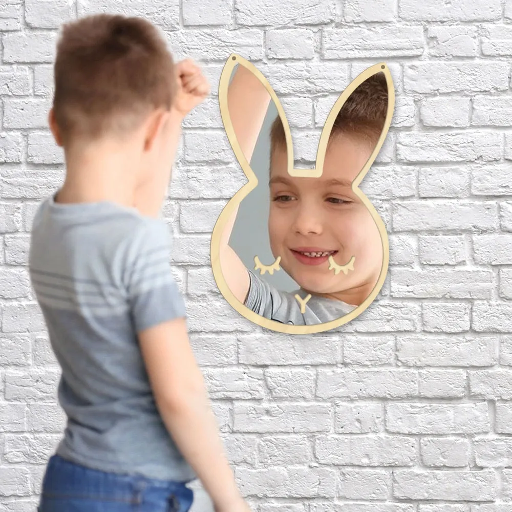 Bunny Sleepy Eyes Makeup Mirror Baby Kids Room Nursery  Cute Animal Sleeping Rabbit Wood & Acrylic Safety Wall Mirror