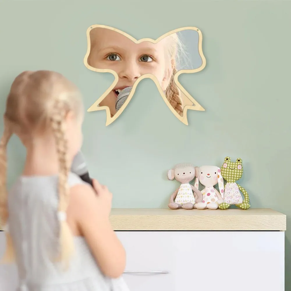 Butterfly Tie Acrylic Wall Mirror With Wooden Back  Cosmetic Make-up Mirror Girl Room Nursery Hanging Wall Decor Gift For Her