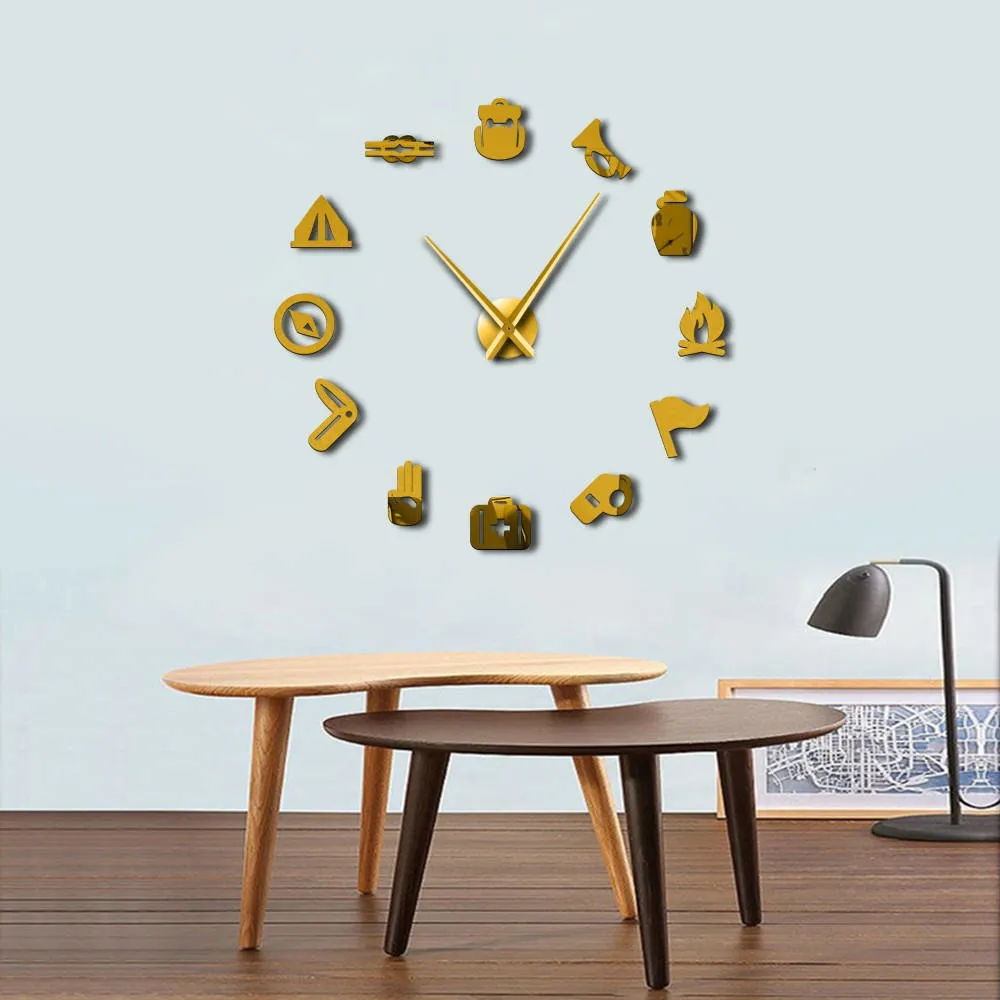 Camping Scouting DIY Giant Wall Clock Junior Kids Scout Campfire Exclusive Wall Clock Big Time Clock Big Needles Mirror Effect