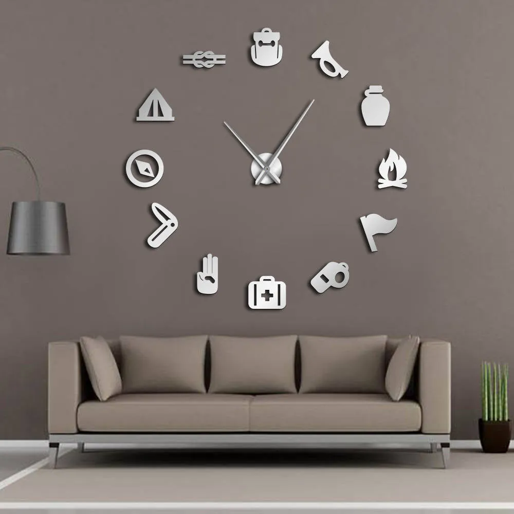 Camping Scouting DIY Giant Wall Clock Junior Kids Scout Campfire Exclusive Wall Clock Big Time Clock Big Needles Mirror Effect