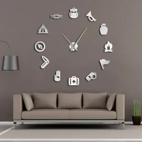 Camping Scouting DIY Giant Wall Clock Junior Kids Scout Campfire Exclusive Wall Clock Big Time Clock Big Needles Mirror Effect